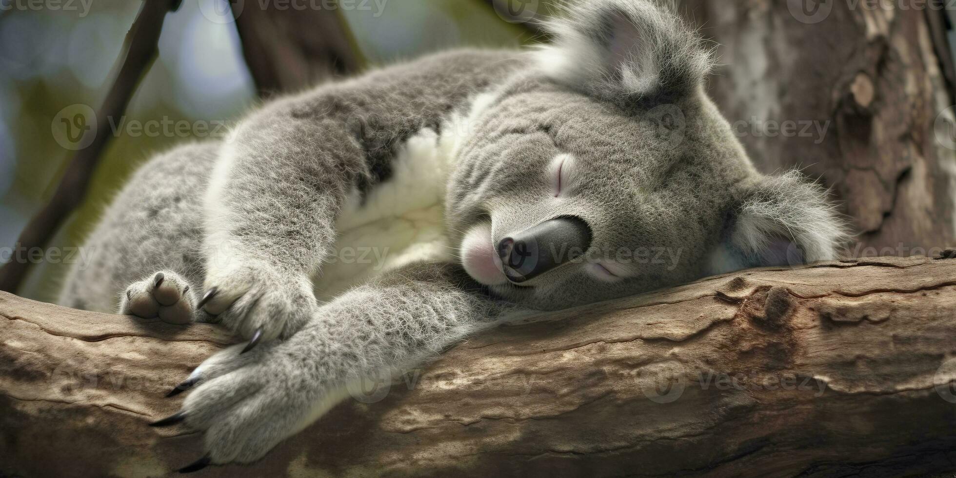 AI generated Koala asleep in tree. AI Generated photo