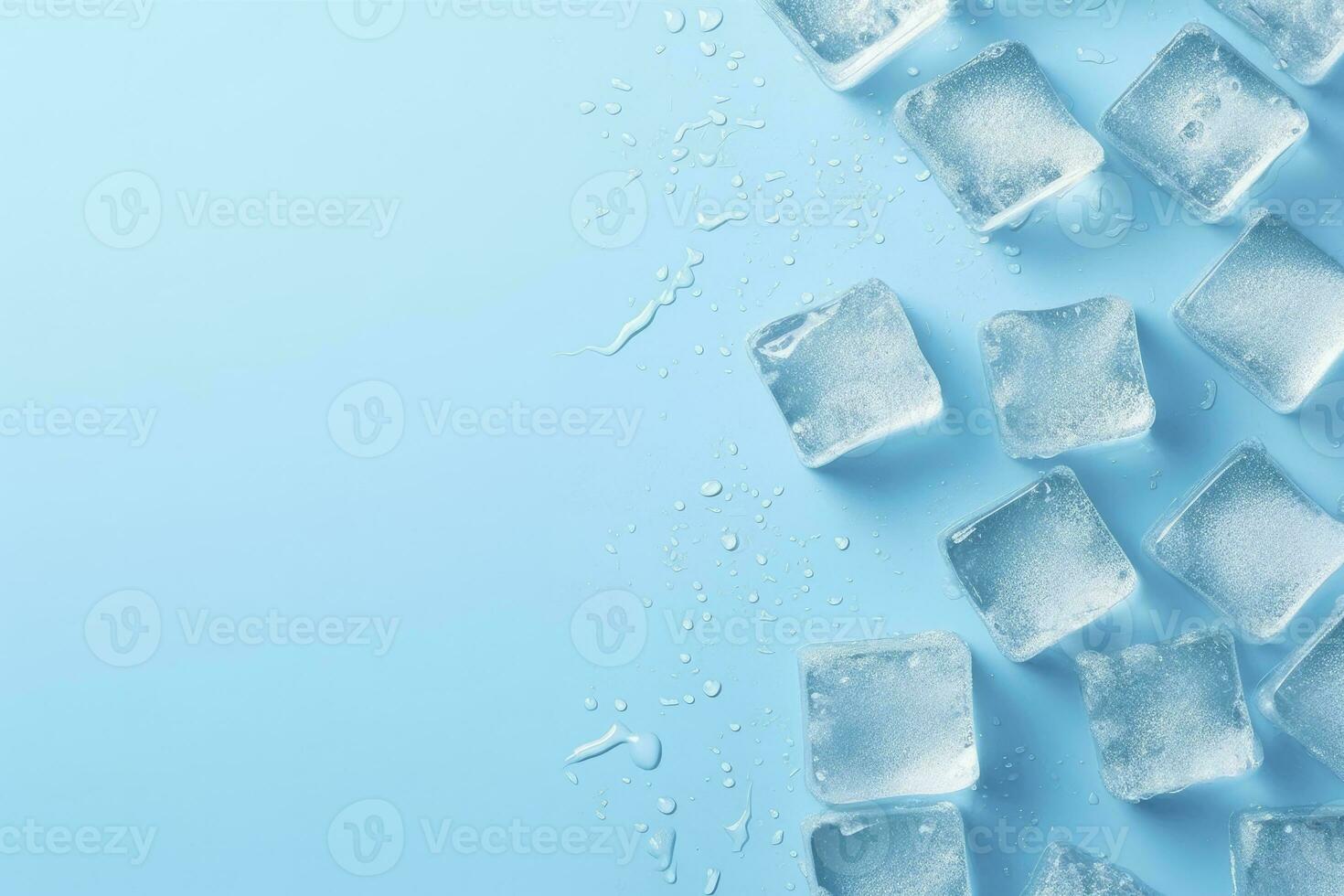 AI generated Cubes of ice and drops are isolated on the blue background with empty space. AI Generated photo