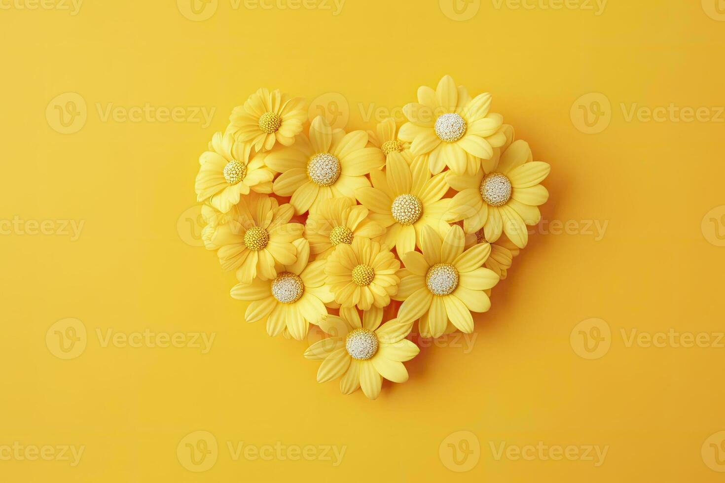 AI generated Yellow Heart Shaped By Yellow Daisies Over Yellow Background. AI Generated photo