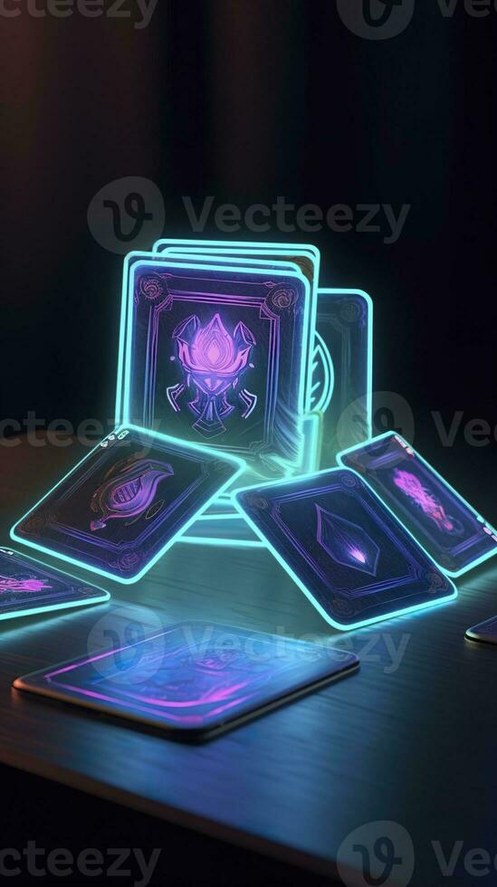 AI generated Some playing cards with glowing neon designs on a tablet. Generative AI photo