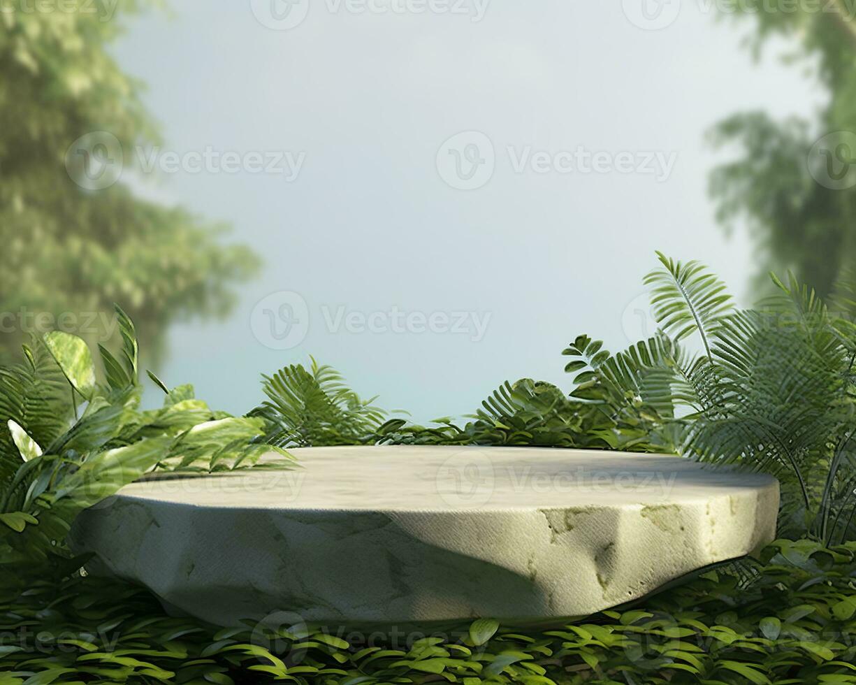 AI generated Stone product display podium for cosmetic product with green nature garden background. Generative AI photo