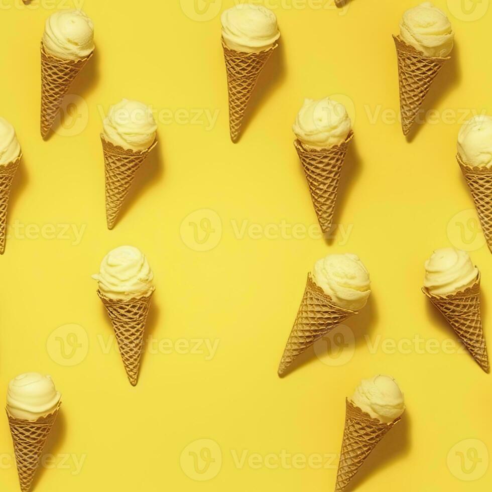 AI generated Ice Cream pattern on yellow background, top view. AI Generated photo