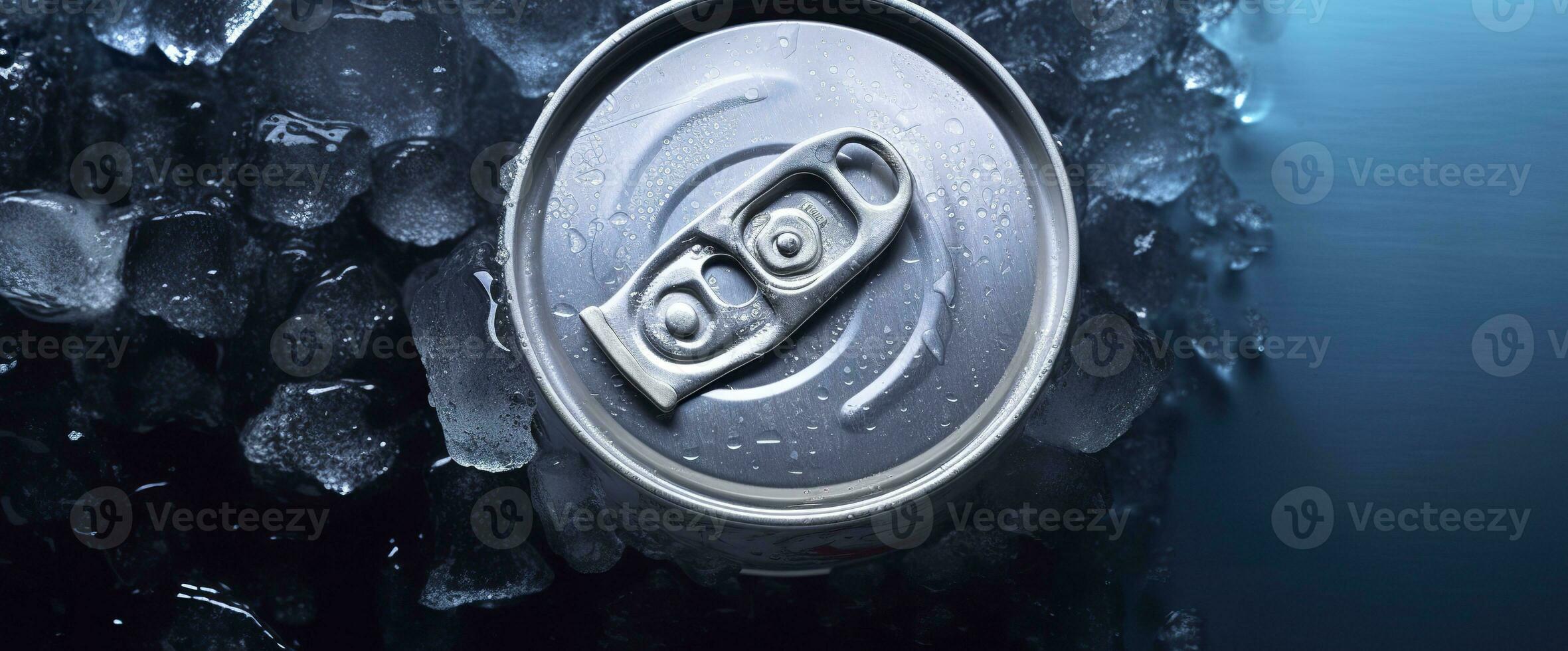 AI generated Top of drink tin can iced submerged in frost ice, metal aluminum beverage. Generative AI photo