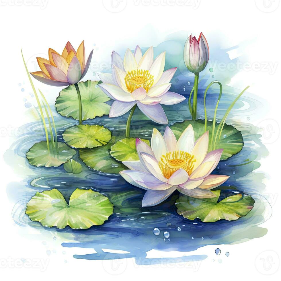 AI generated Water Lily in Pond. Watercolor design. AI Generated photo