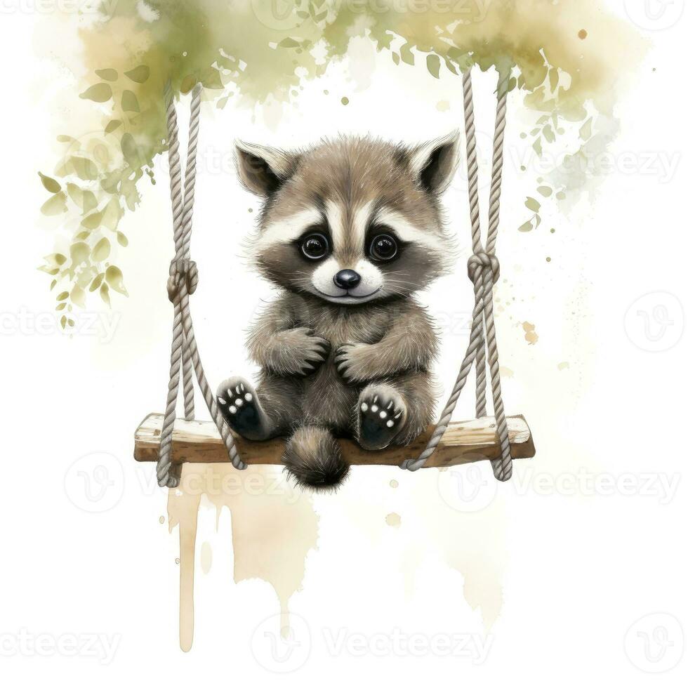 AI generated Cute baby raccoon in watercolour style, sitting on swings attached to the tree. AI Generated photo