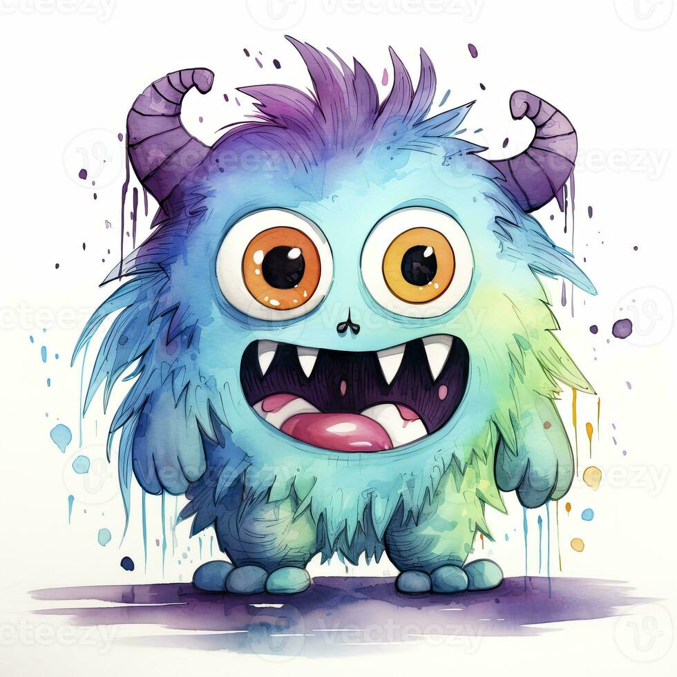 AI generated Watercolor cute monster on white background. AI Generated photo