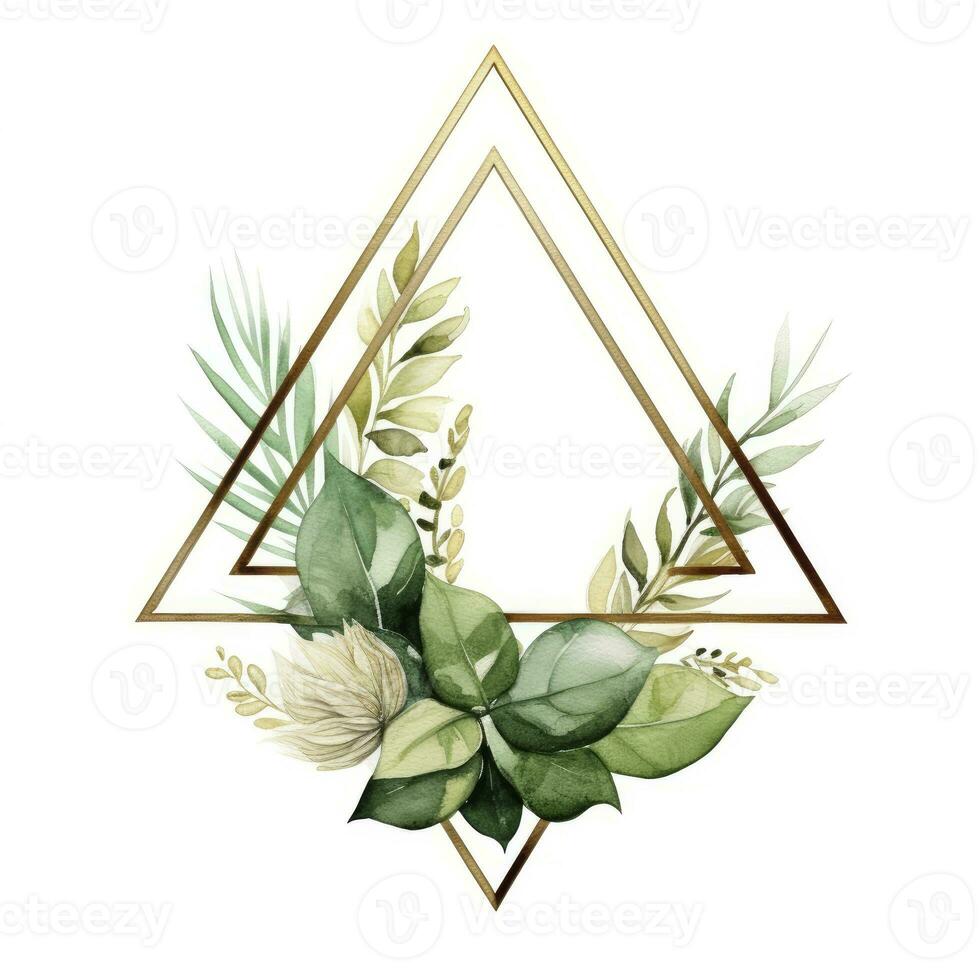 AI generated Watercolor geometry shape wreath with green leaf. AI Generated photo