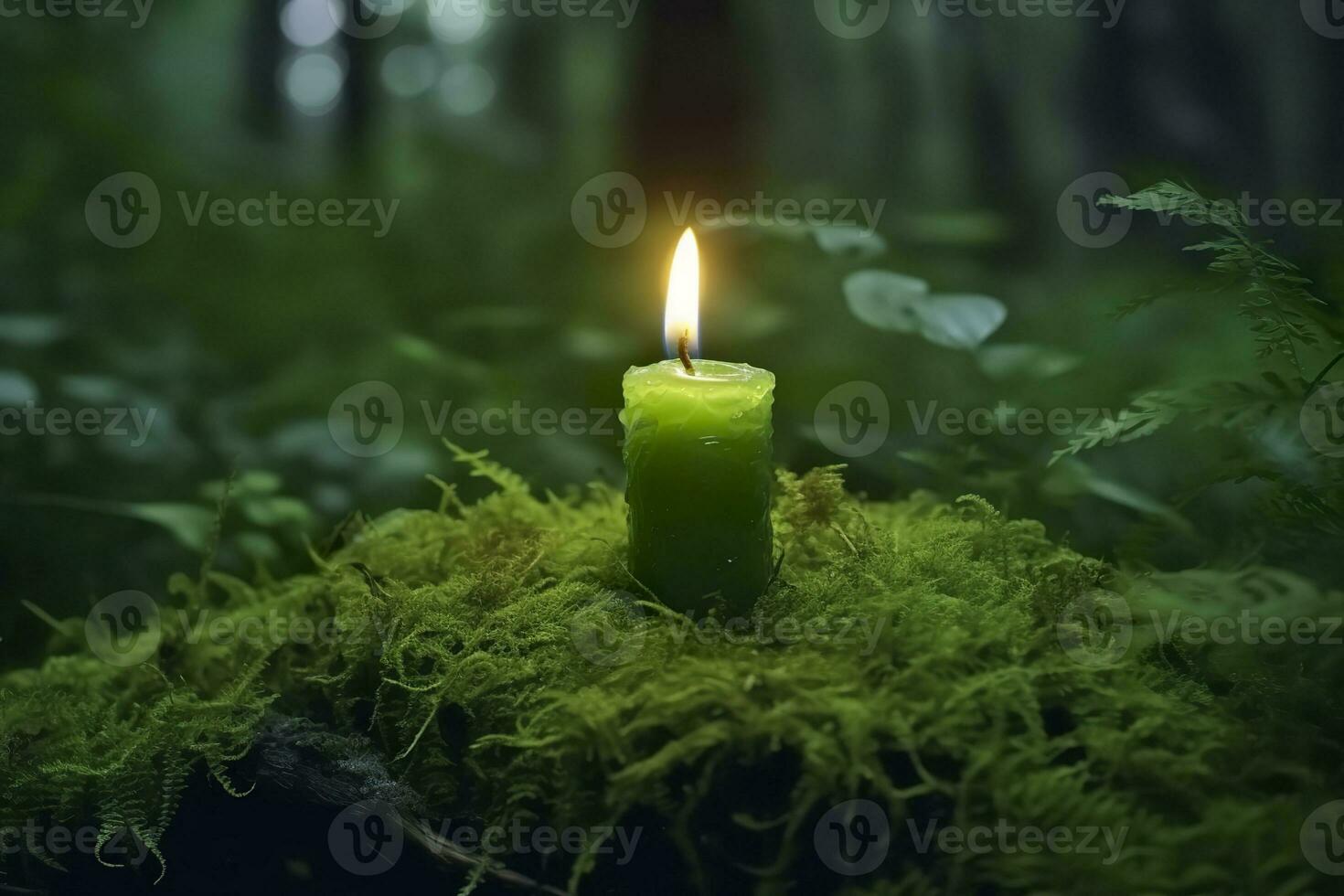 AI generated Burning candle on moss, dark green blurred the natural background. Magic candle. Generative AI photo