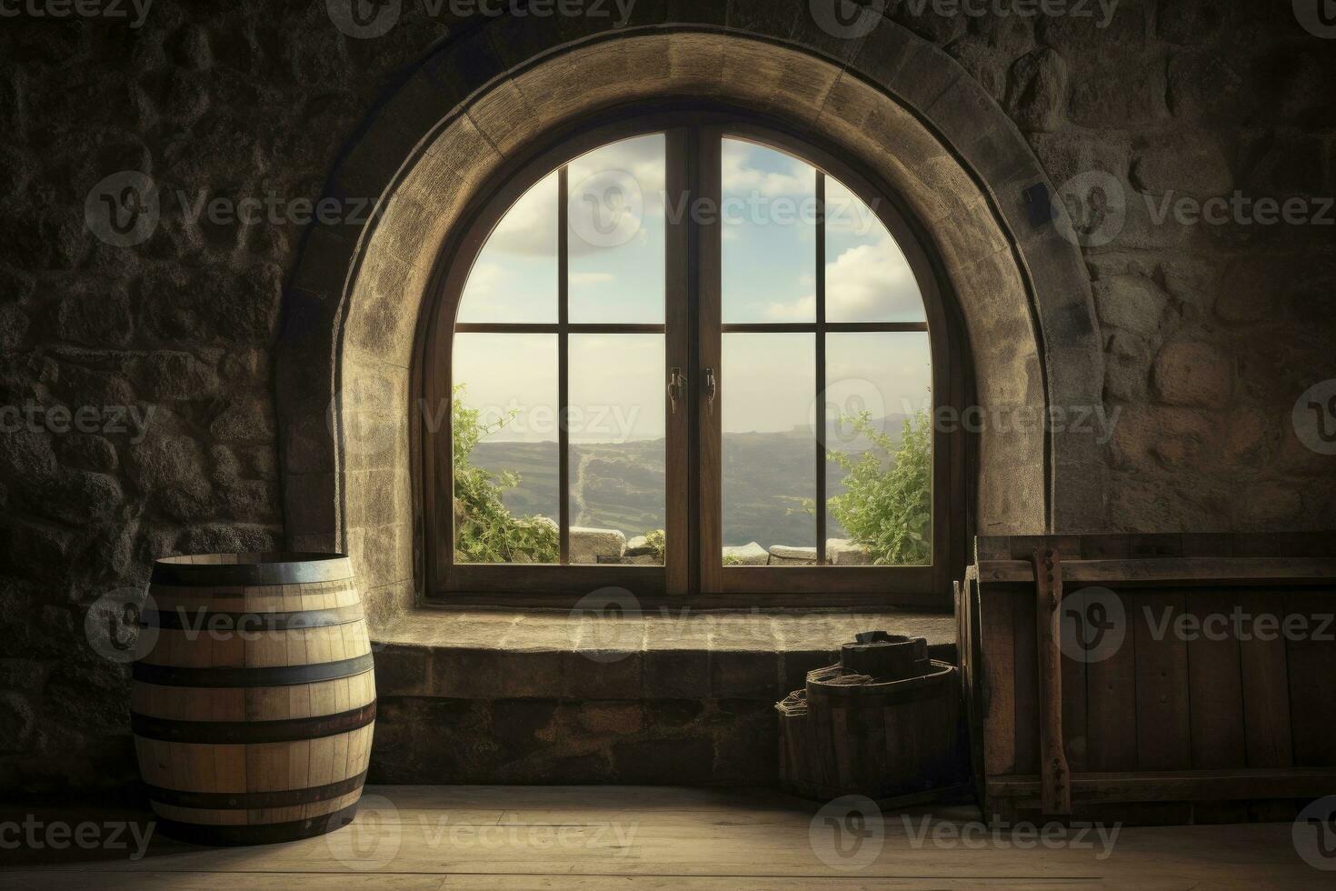 AI generated Barrel in an ancient castle beside the window. AI Generated photo