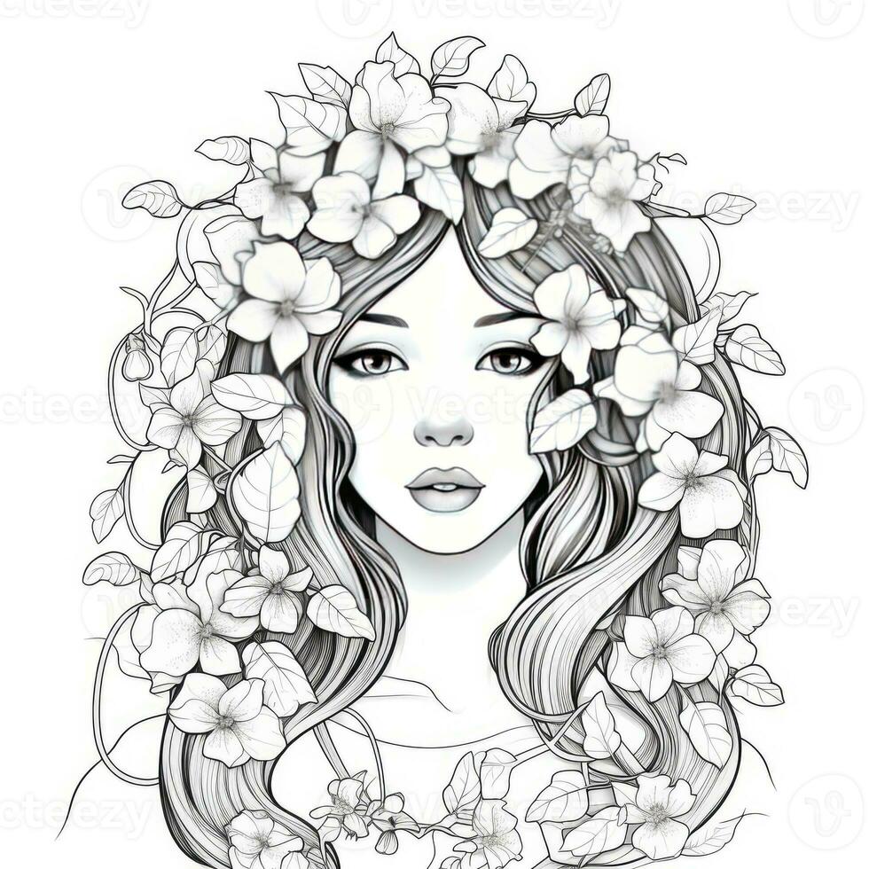 AI generated A girl on a coloring book page with Jasmine flowers. AI Generated photo