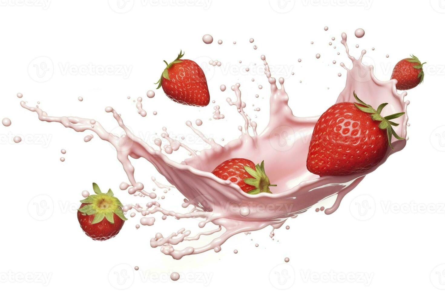 AI generated milk or yogurt splash with strawberries isolated on white background, 3d rendering. AI Generated photo
