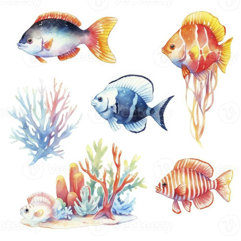 AI generated Underwater Sea element in watercolor on the white background. AI Generated photo