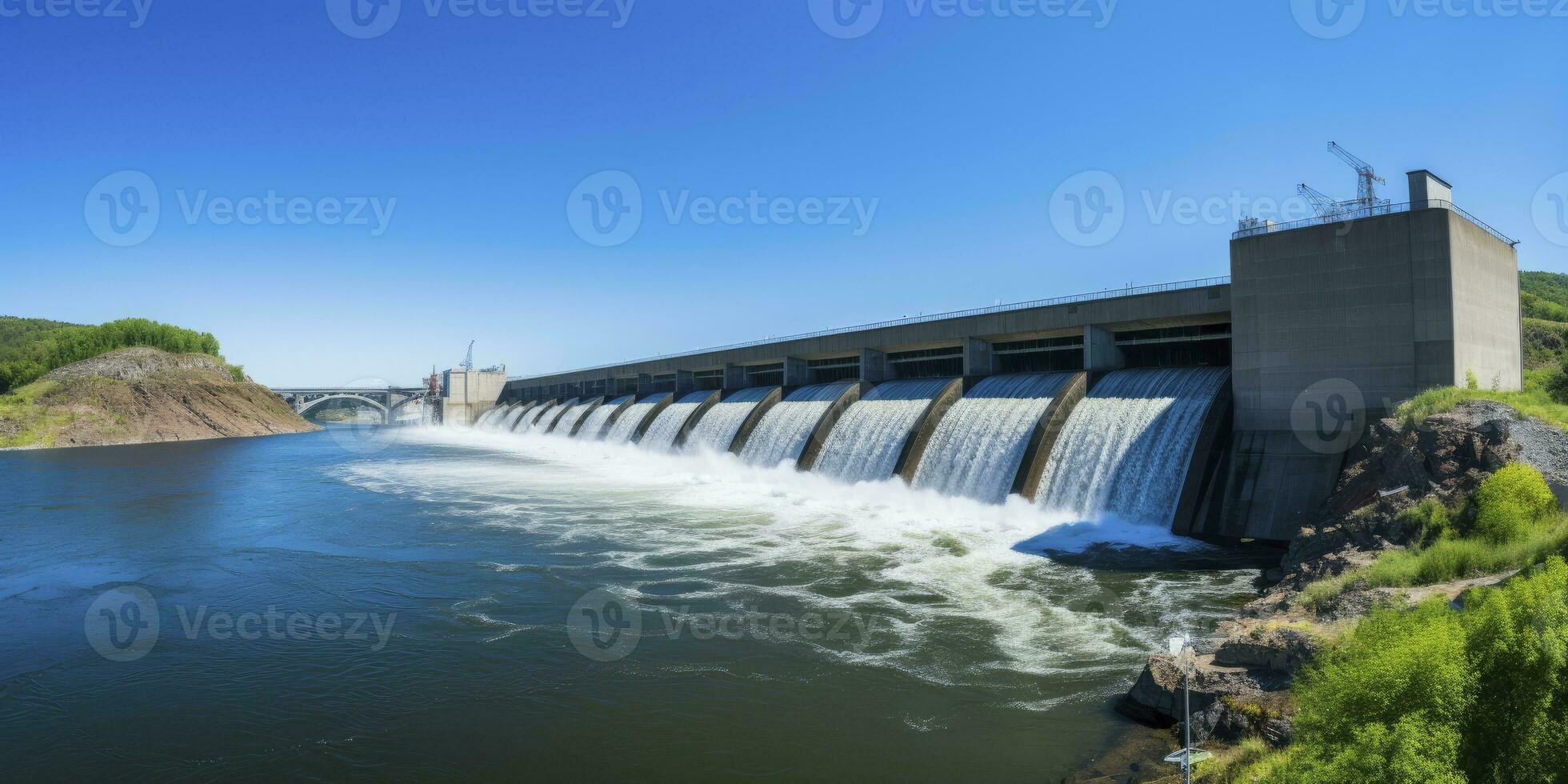 ai generado hidroeléctrico represa generando verde energía desde fluido agua. ai generado. foto