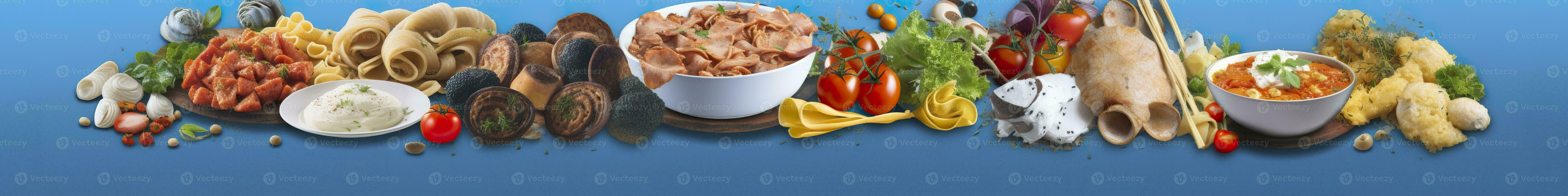 AI generated Web page banner of famous Italian food recipes on clean blue background. AI Generated photo