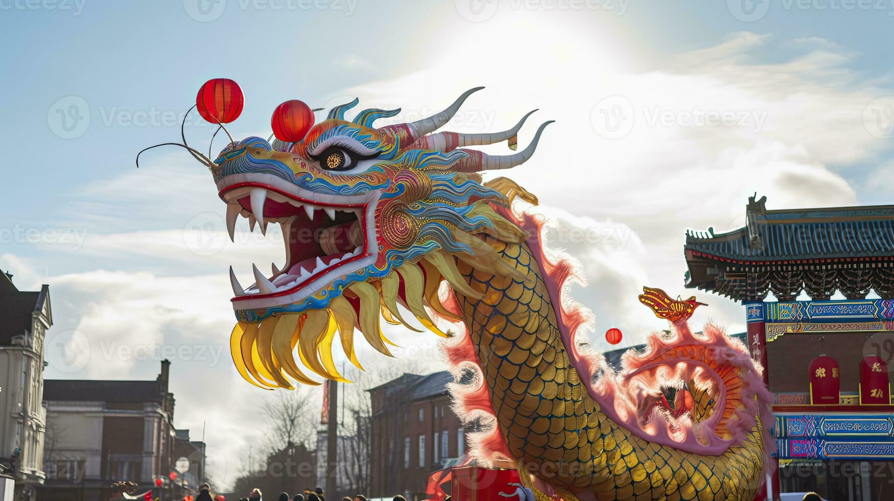 AI generated Chinese Dragon under a bright sky. AI Generated photo