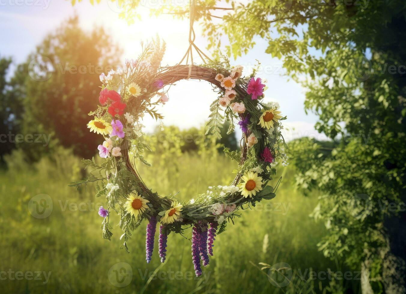 AI generated Rustic wildflowers wreath on a sunny meadow. Summer Solstice Day, Midsummer concept. Generative AI photo