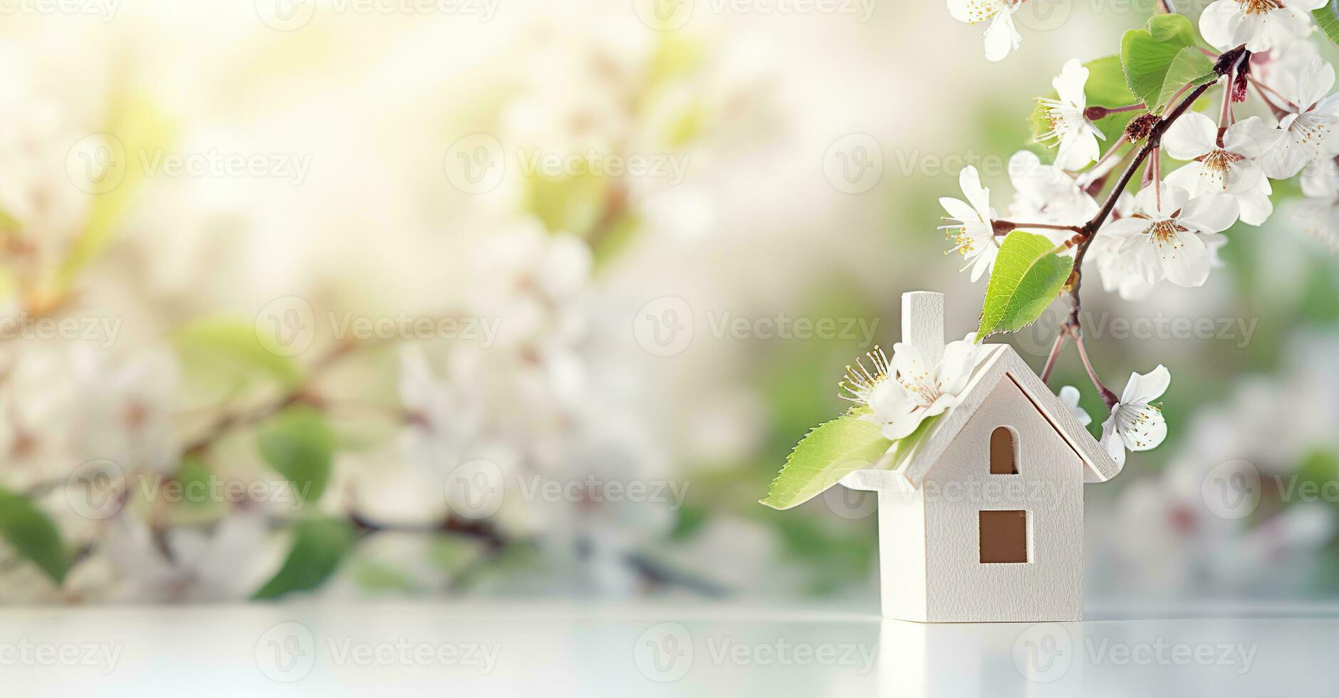 AI generated Toy house and cherry flowers, spring abstract natural background. Generative AI photo