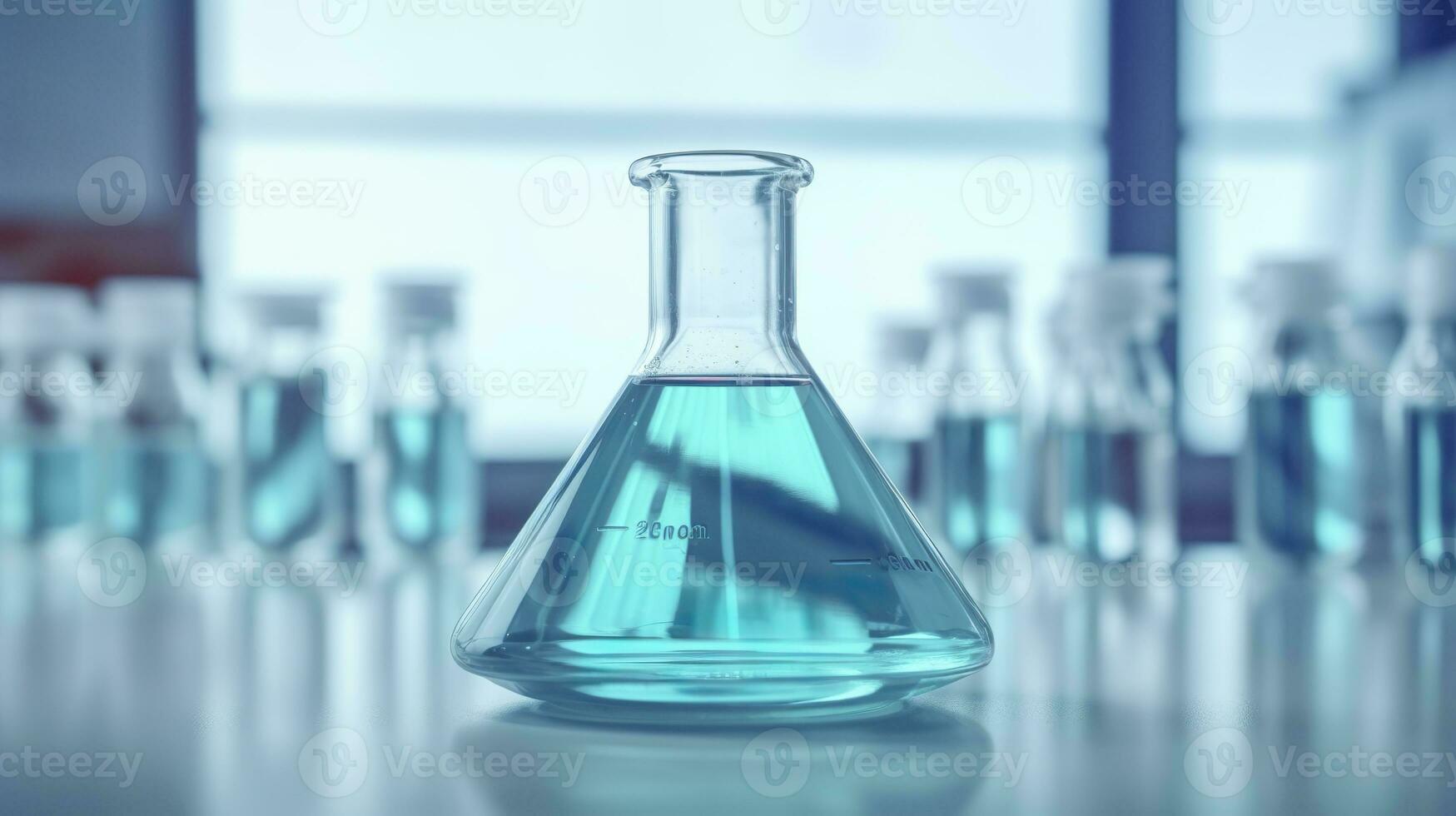 AI generated A Science Beaker in the laboratory on a table white and light blue background.. laboratory equipment out of focus. AI Generative photo