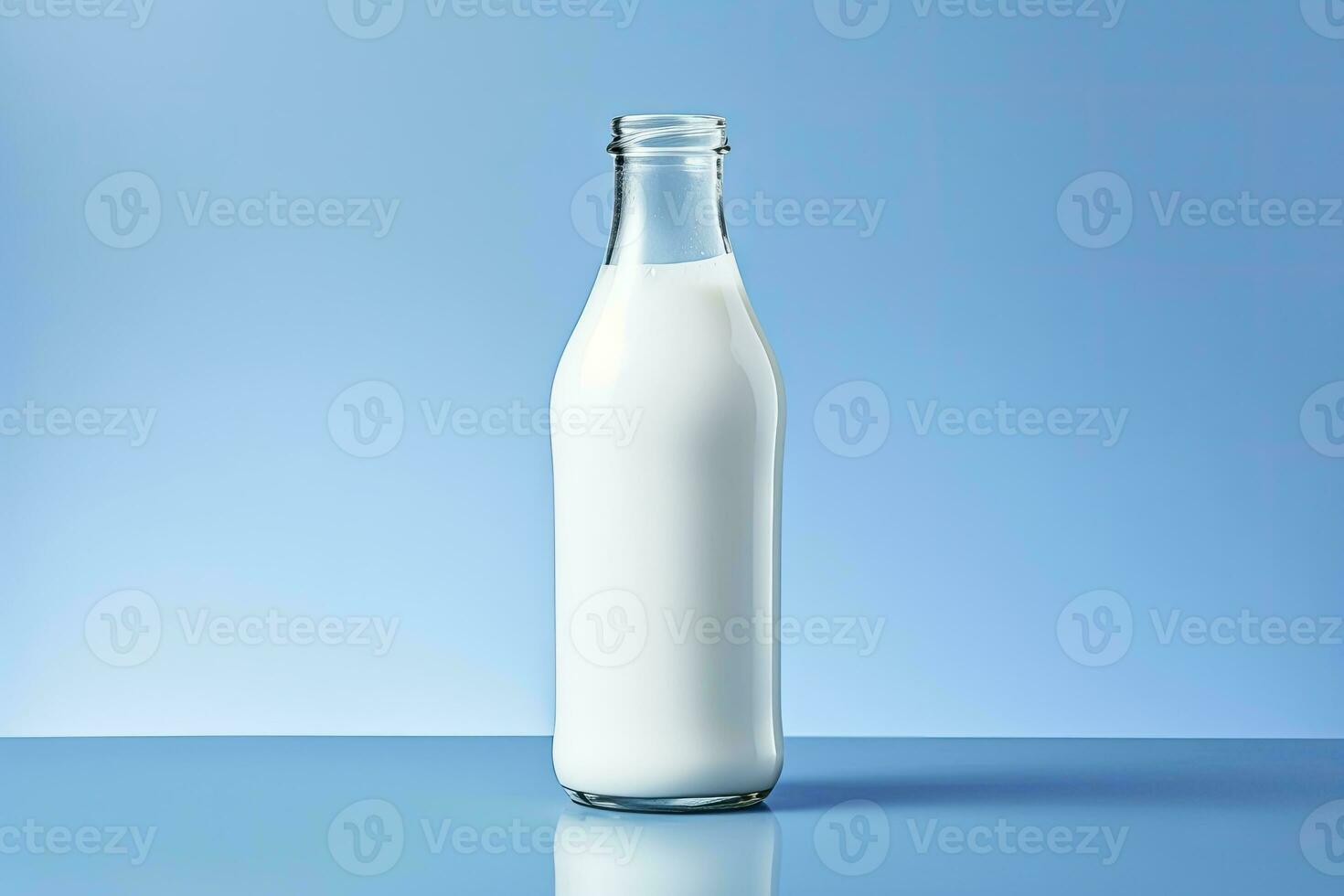 AI generated A glass bottle with full milk on blue background. AI Generated photo