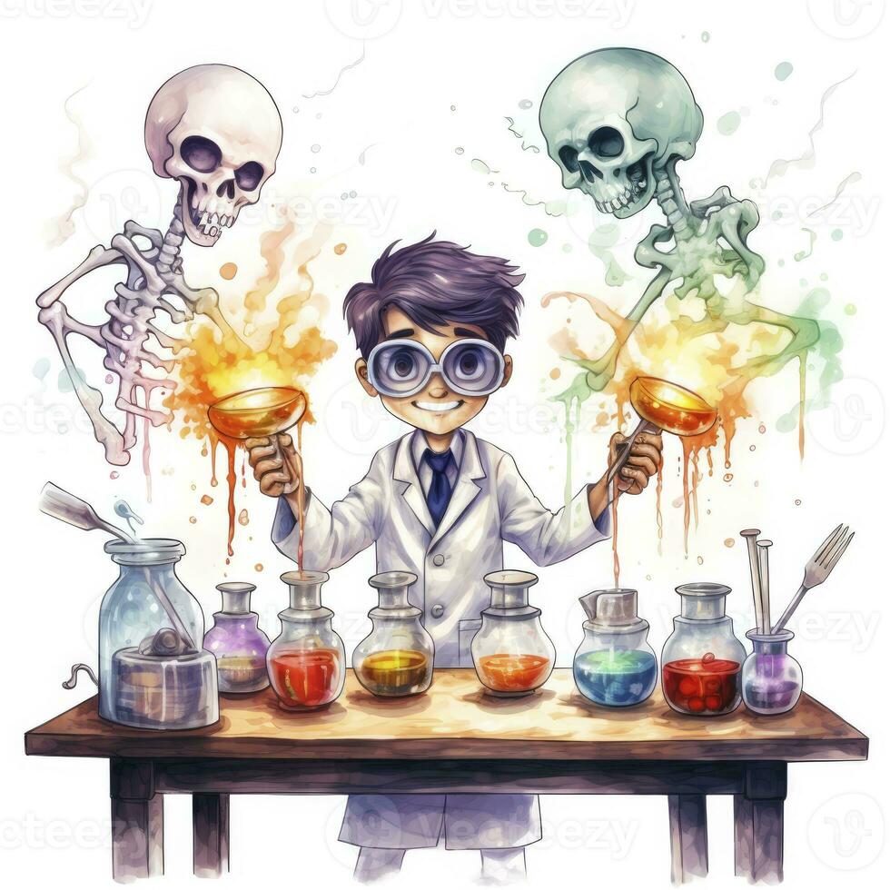 AI generated A student in a science classroom with lab equipment, watercolor. AI Generated photo