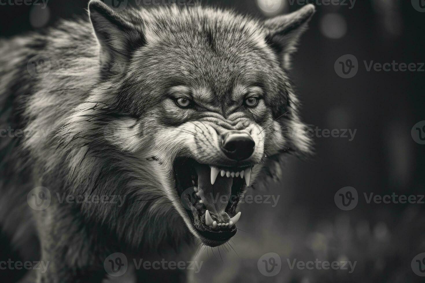 AI generated Greyscale closeup shot of an angry wolf with a blurred background. AI Generated photo