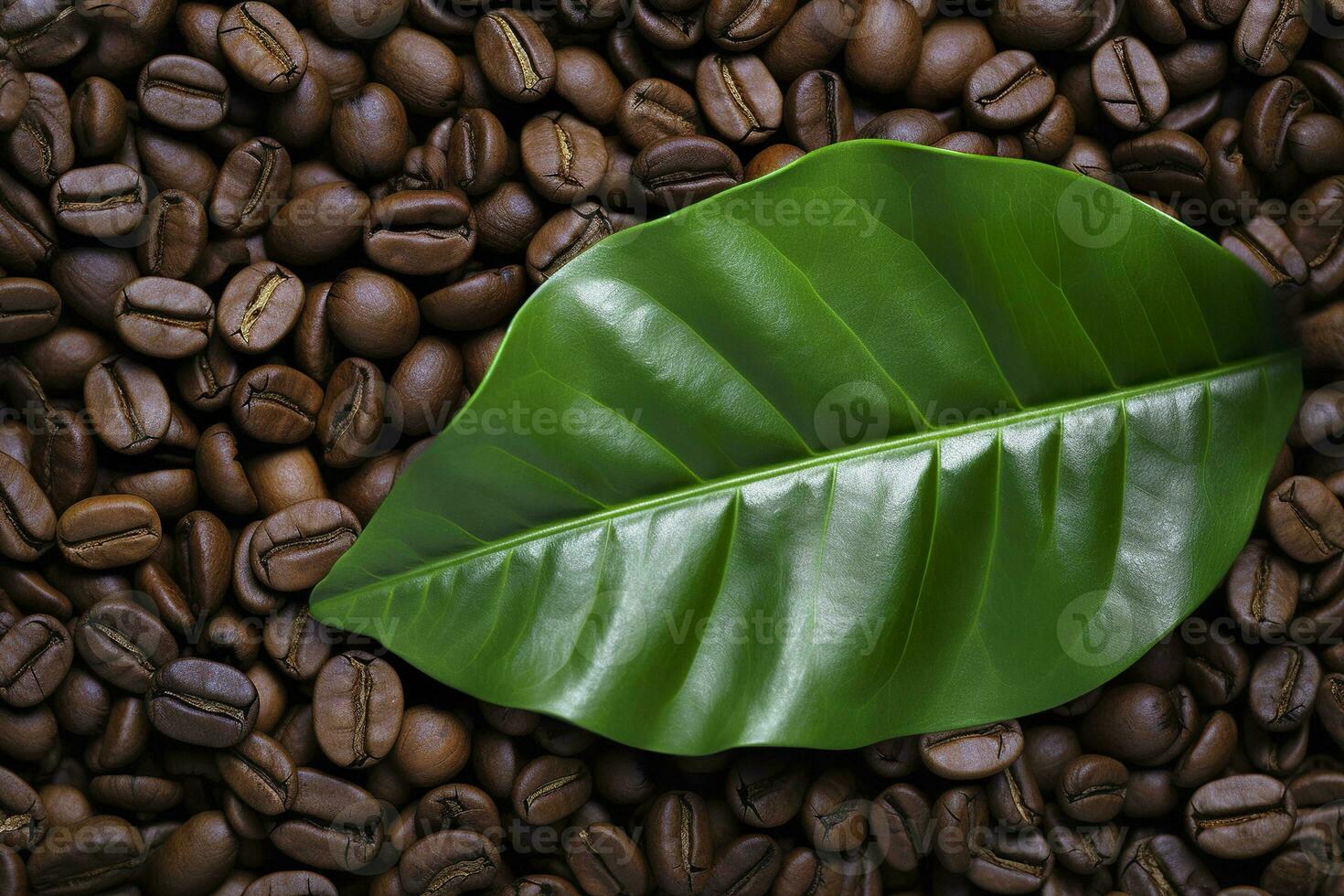 AI generated Green leaves with coffee beans as background. AI Generated photo