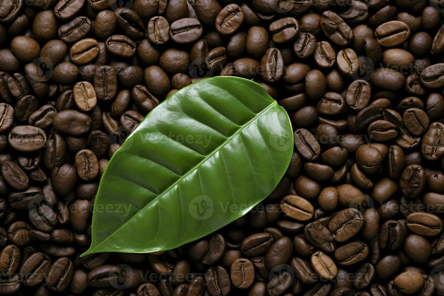 AI generated Green leaves with coffee beans as background. AI Generated photo