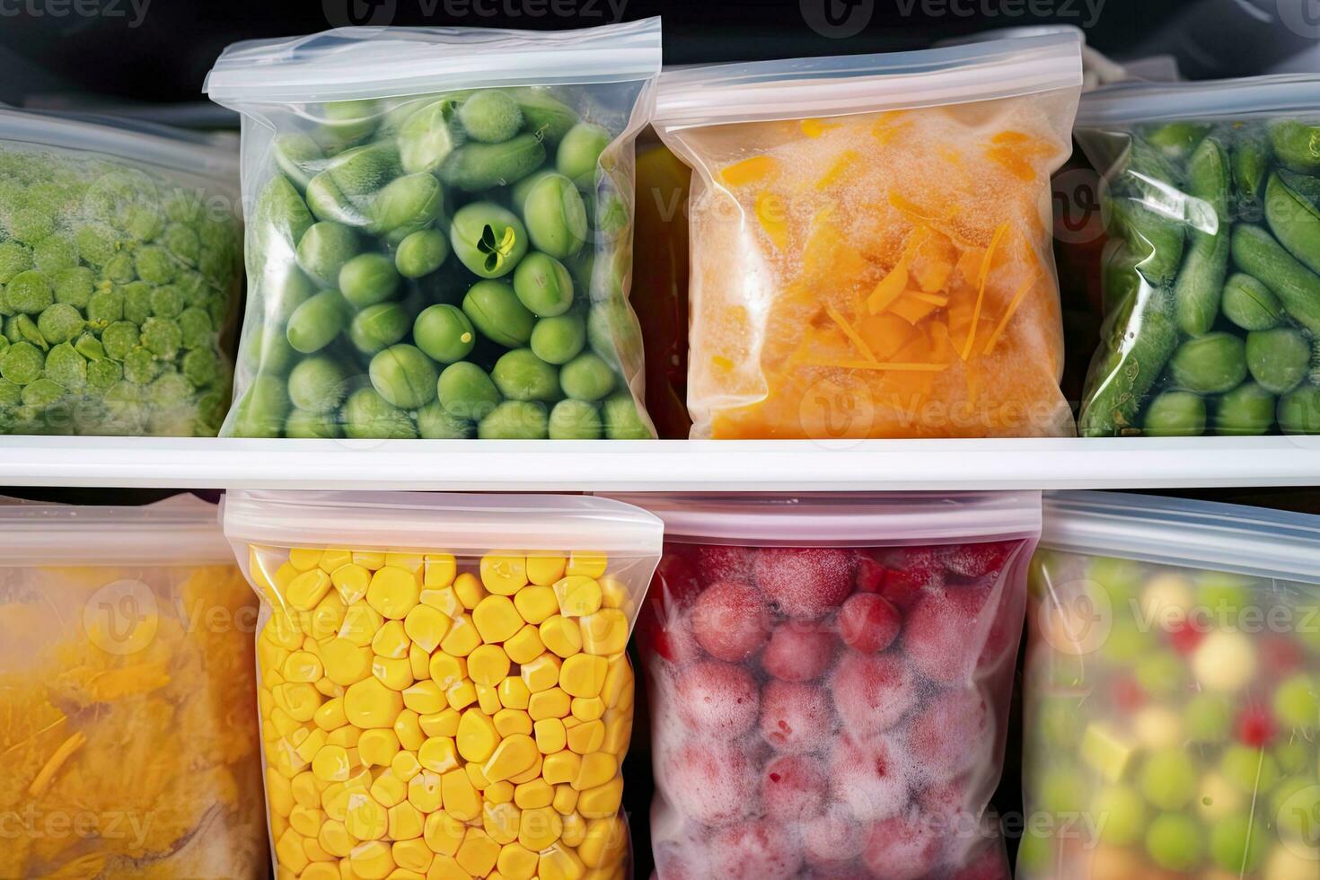 AI generated Frozen food in the freezer. Frozen vegetables. AI Generated photo