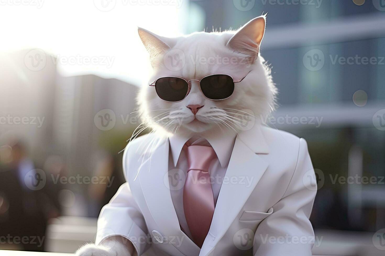 AI generated A cat is wearing sunglasses, suit and standing on street. AI Generated photo