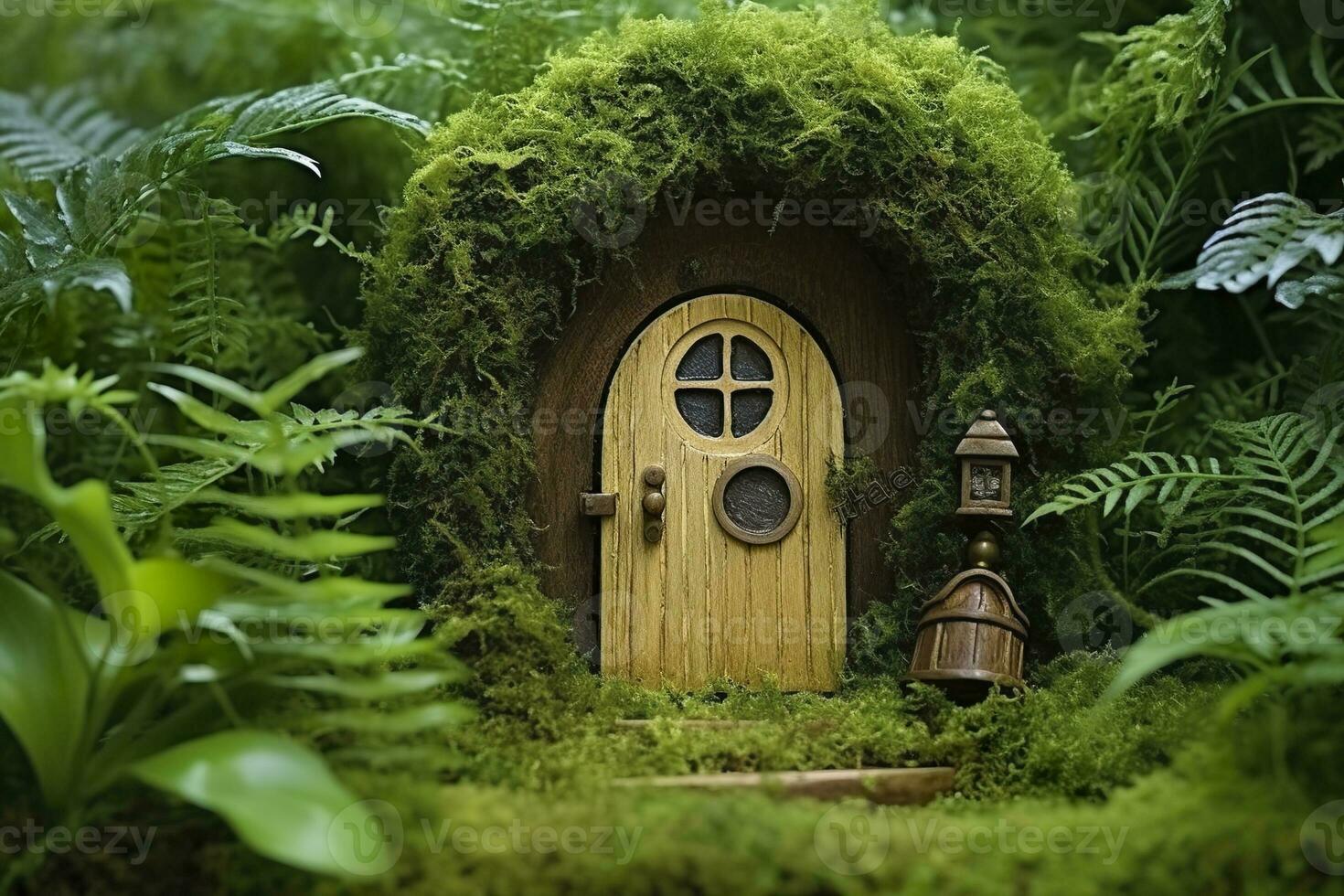 AI generated Little magic wooden fairy doors and plants leave on a mossy natural green background. AI Generated photo