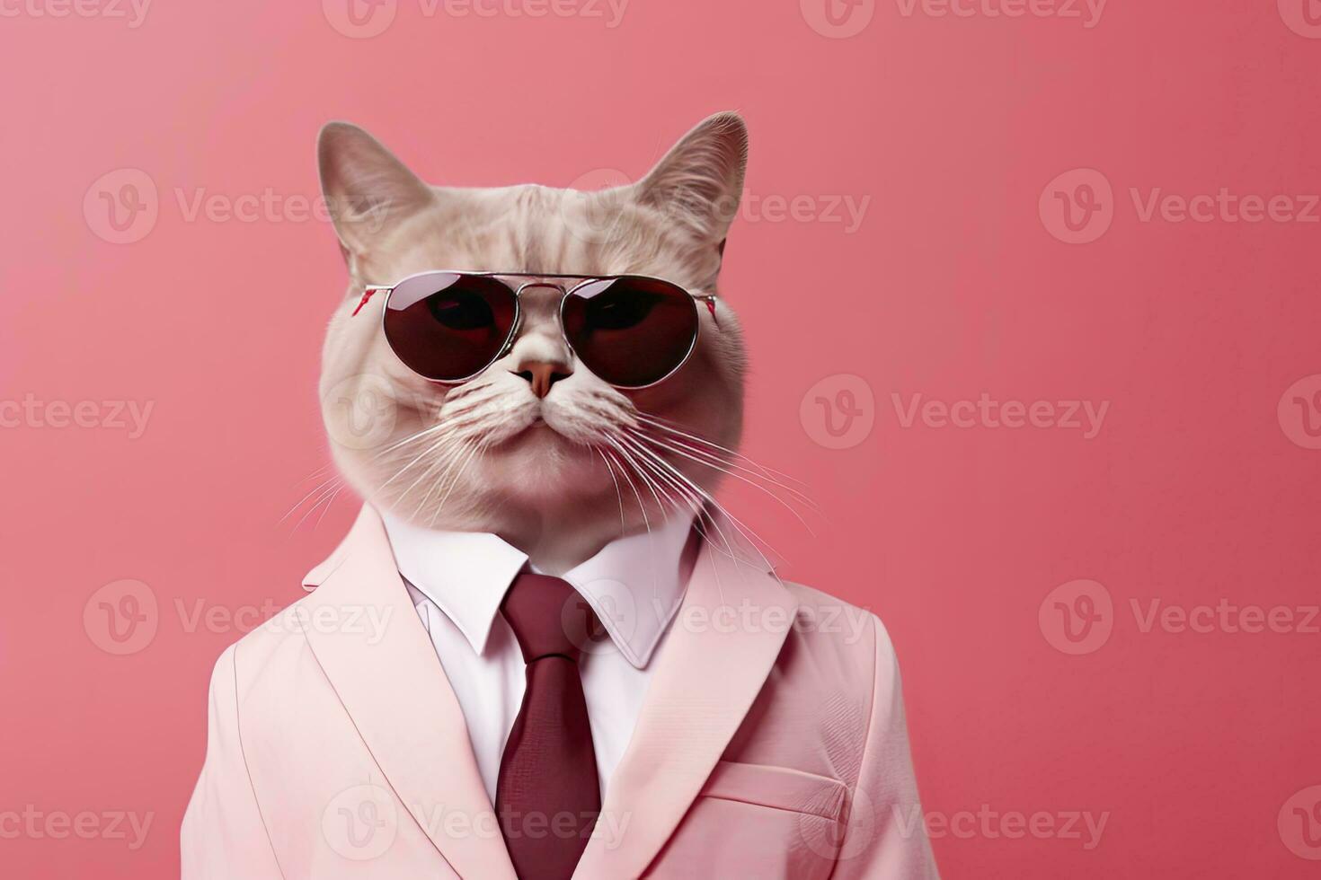 AI generated A cat is wearing sunglasses and suit on Pink Background. AI Generated photo