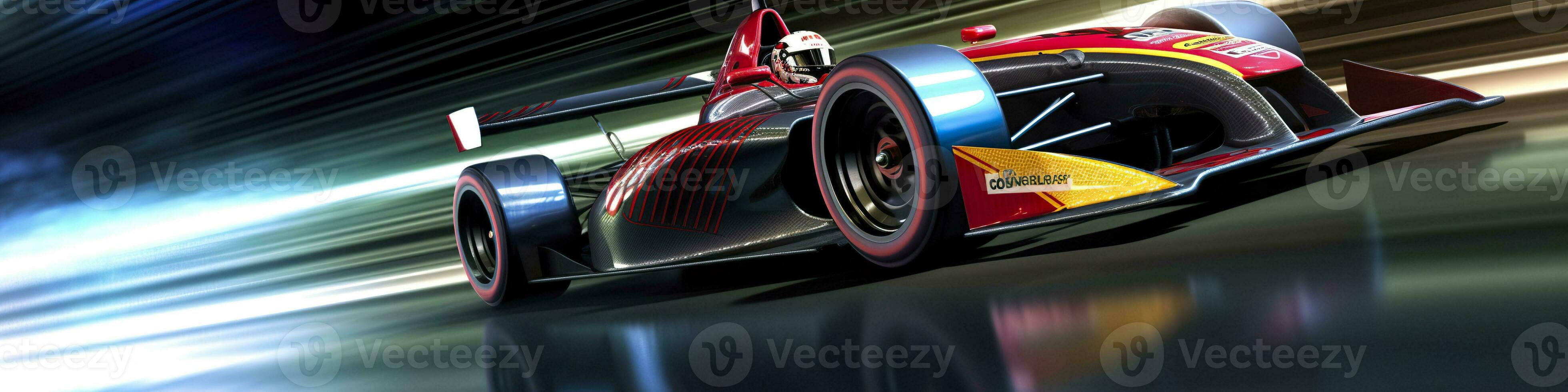 AI generated Racing car at high speed. Racer on a racing car passes the track. Motor sports competitive team racing. Motion blur background. Generative AI photo