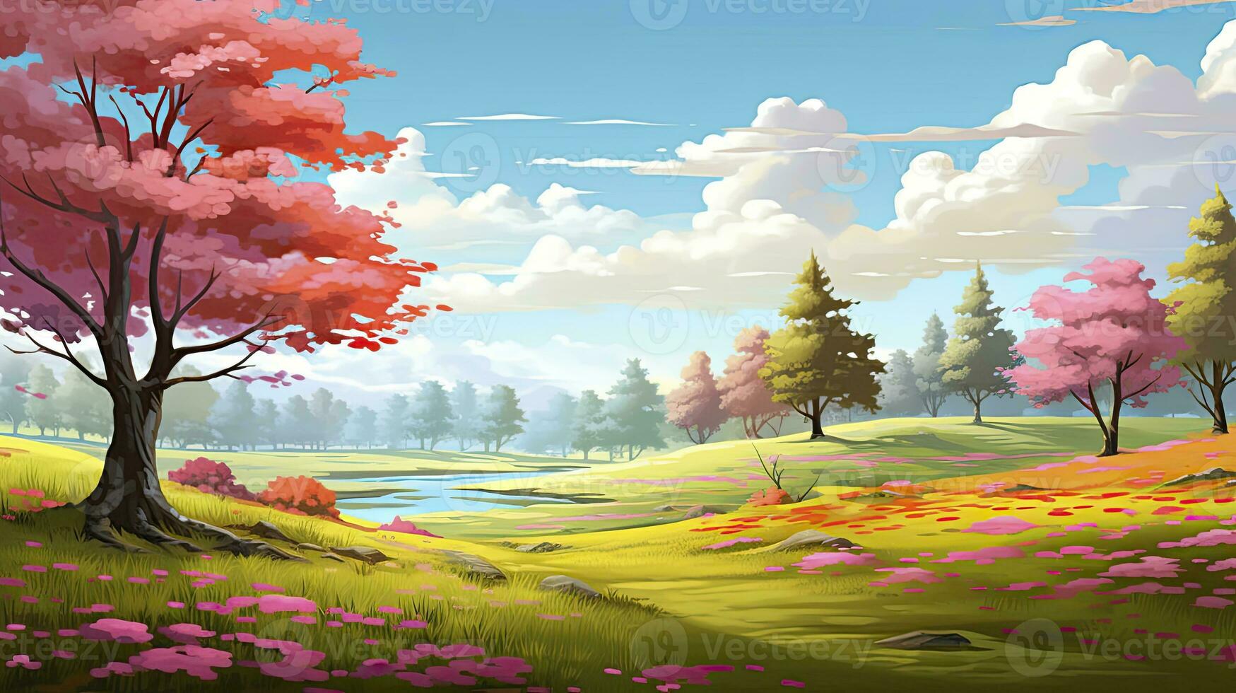 AI generated Spring season with colorful flowers and trees in a pretty meadow or field. AI Generated. photo