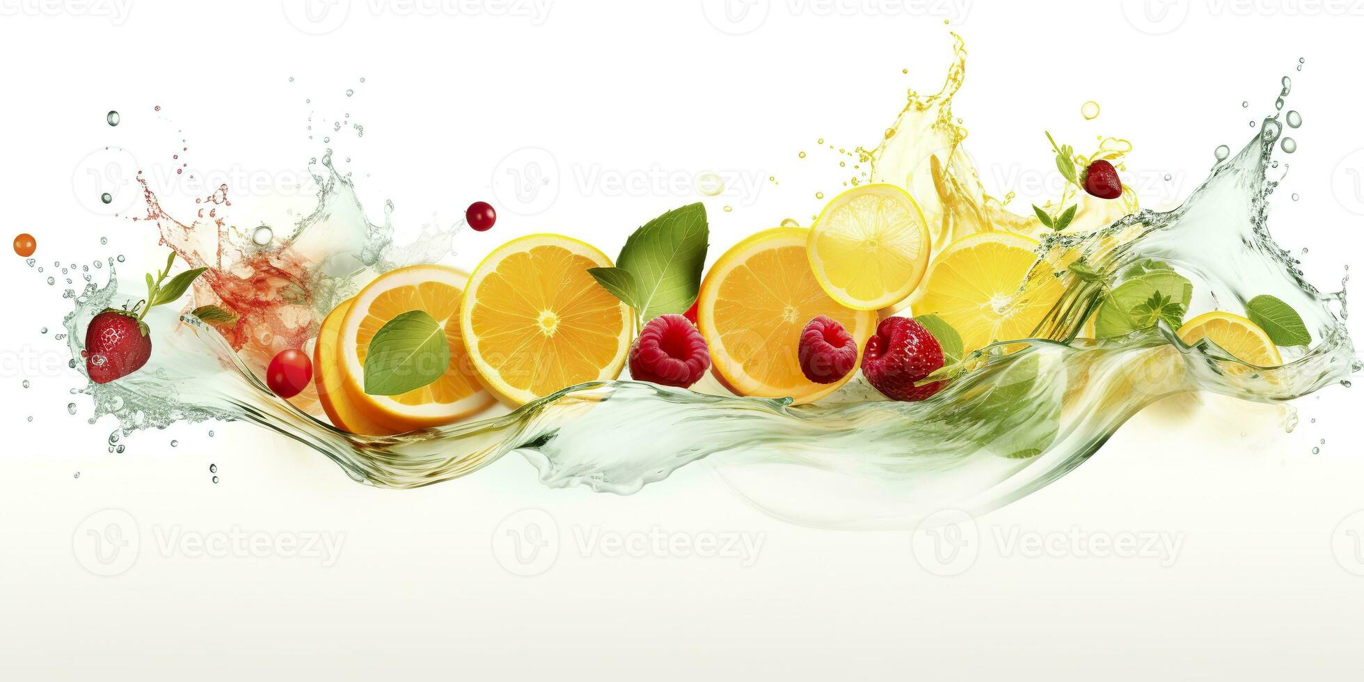 AI generated Swirl water splash with fruits. liquid flow with ice cubes and a mix of fresh fruits. Generative AI photo
