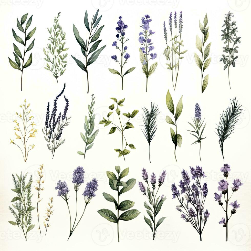 AI generated Collection of watercolor herbs clipart on white background. AI Generated photo