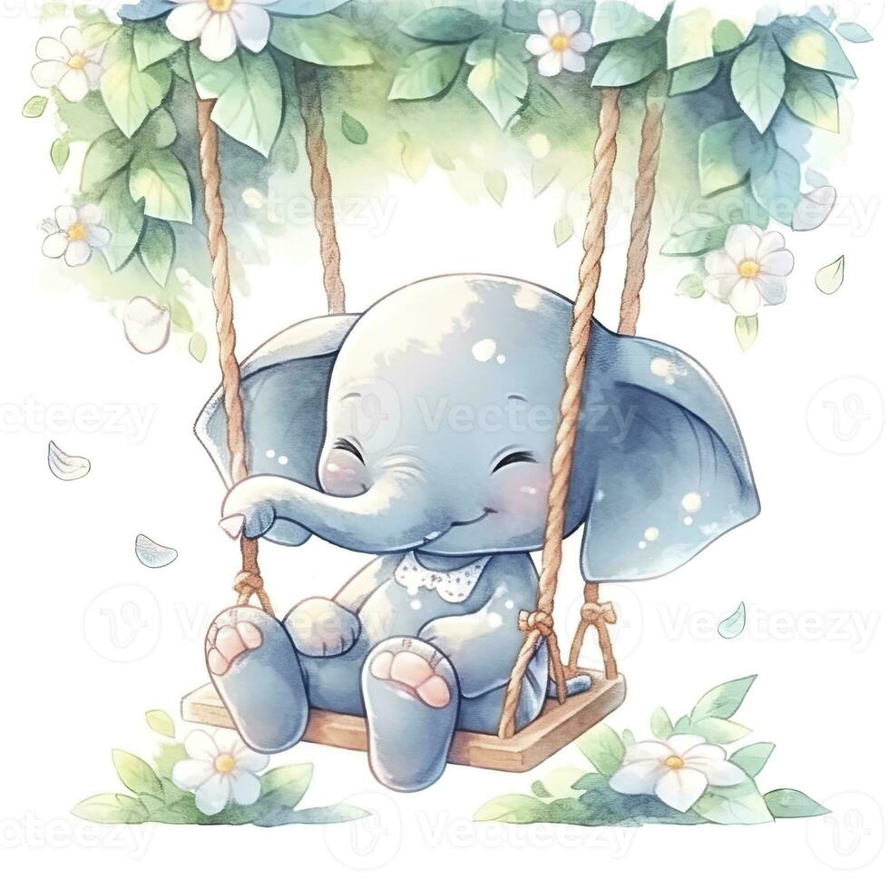 AI generated Cute happy baby elephant on swings in the tree in watercolor. AI Generated photo