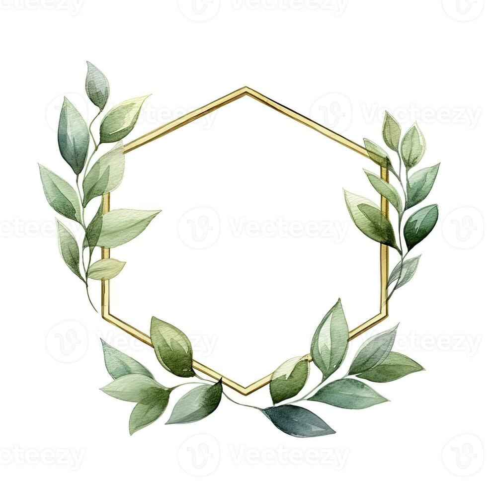 AI generated Watercolor geometry shape wreath with green leaf. AI Generated photo