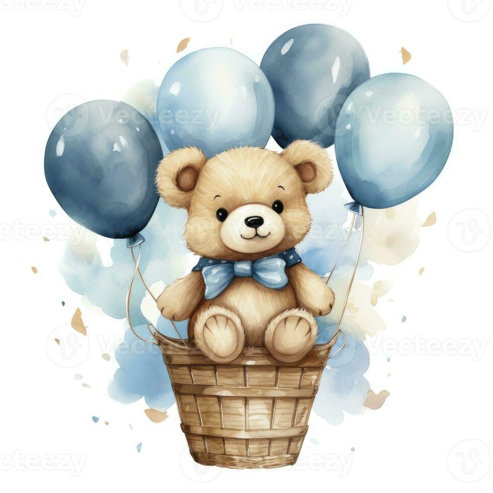 AI generated A watercolor baby teddy bear is sitting in the basket with blue and gold balloons. AI Generated photo