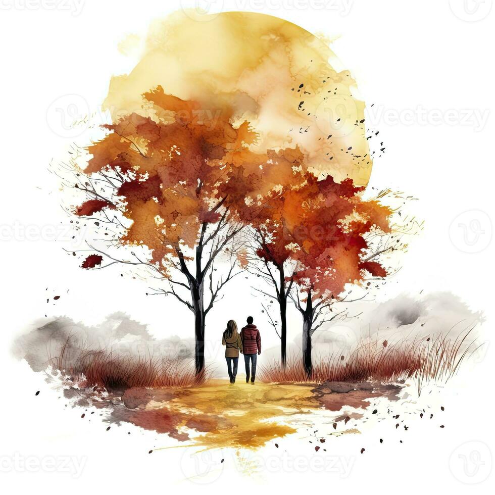 AI generated Watercolor autumn landscape with a couple walking. AI Generated photo