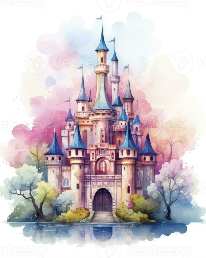 AI generated Colorful watercolor kawaii castle isolated on white background. AI Generated photo