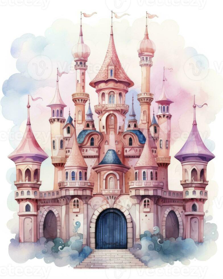AI generated Colorful watercolor kawaii castle isolated on white background. AI Generated photo