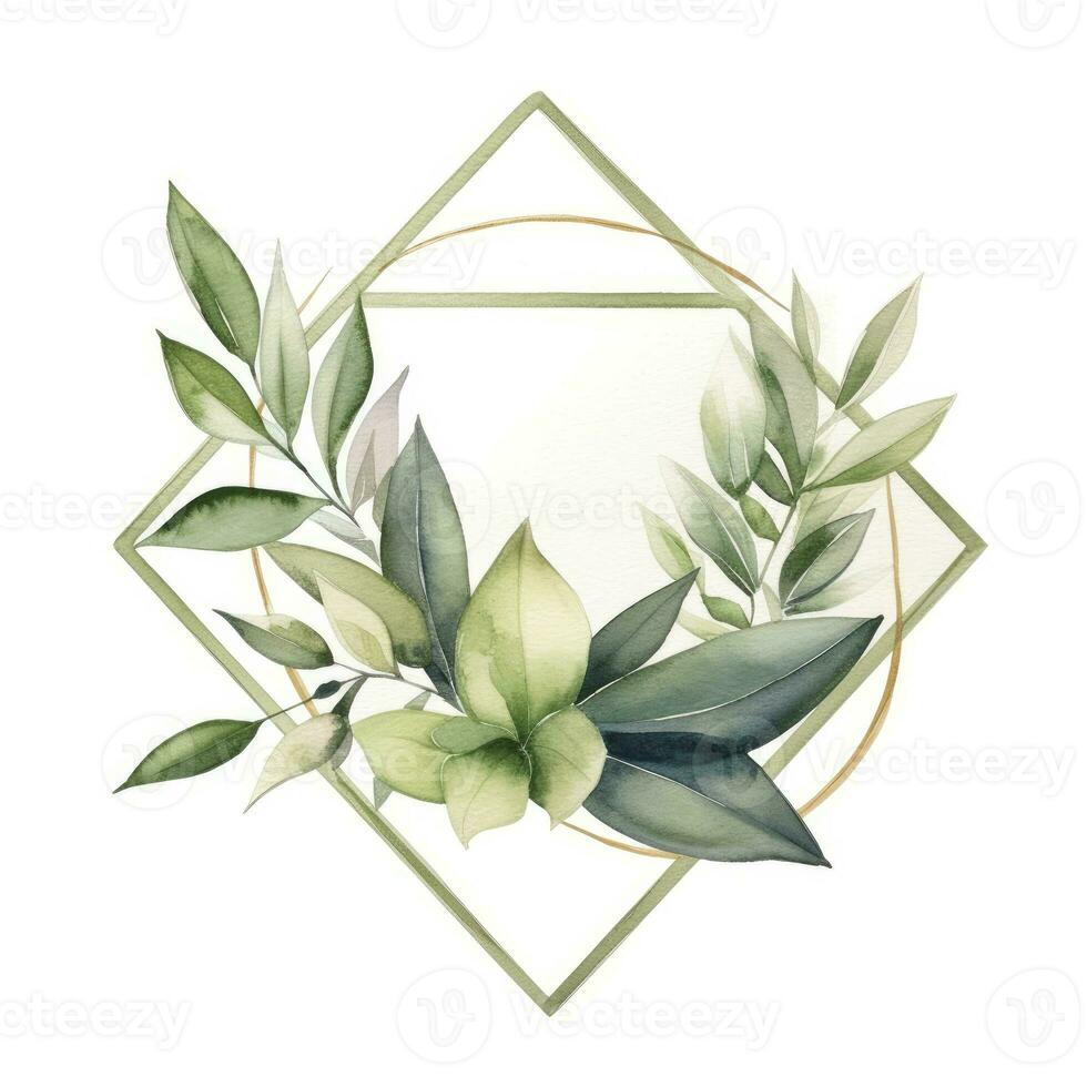 AI generated Watercolor geometry shape wreath with green leaf. AI Generated photo