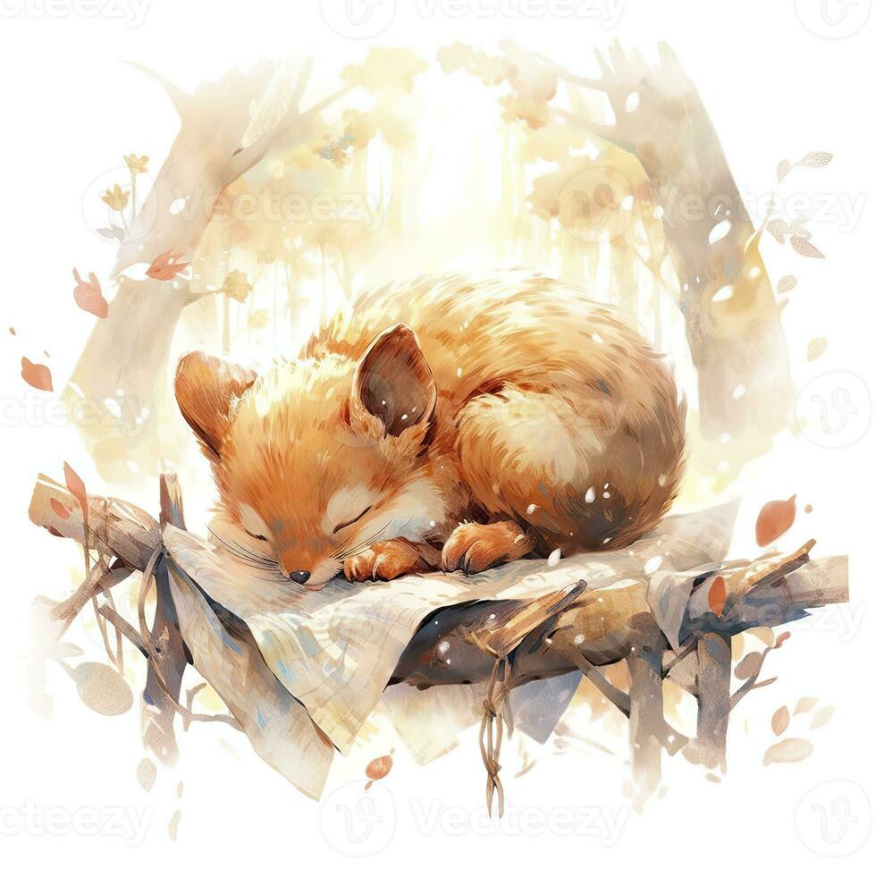AI generated A sleepy baby squirrel in a bedding. watercolor illustration. AI Generated photo