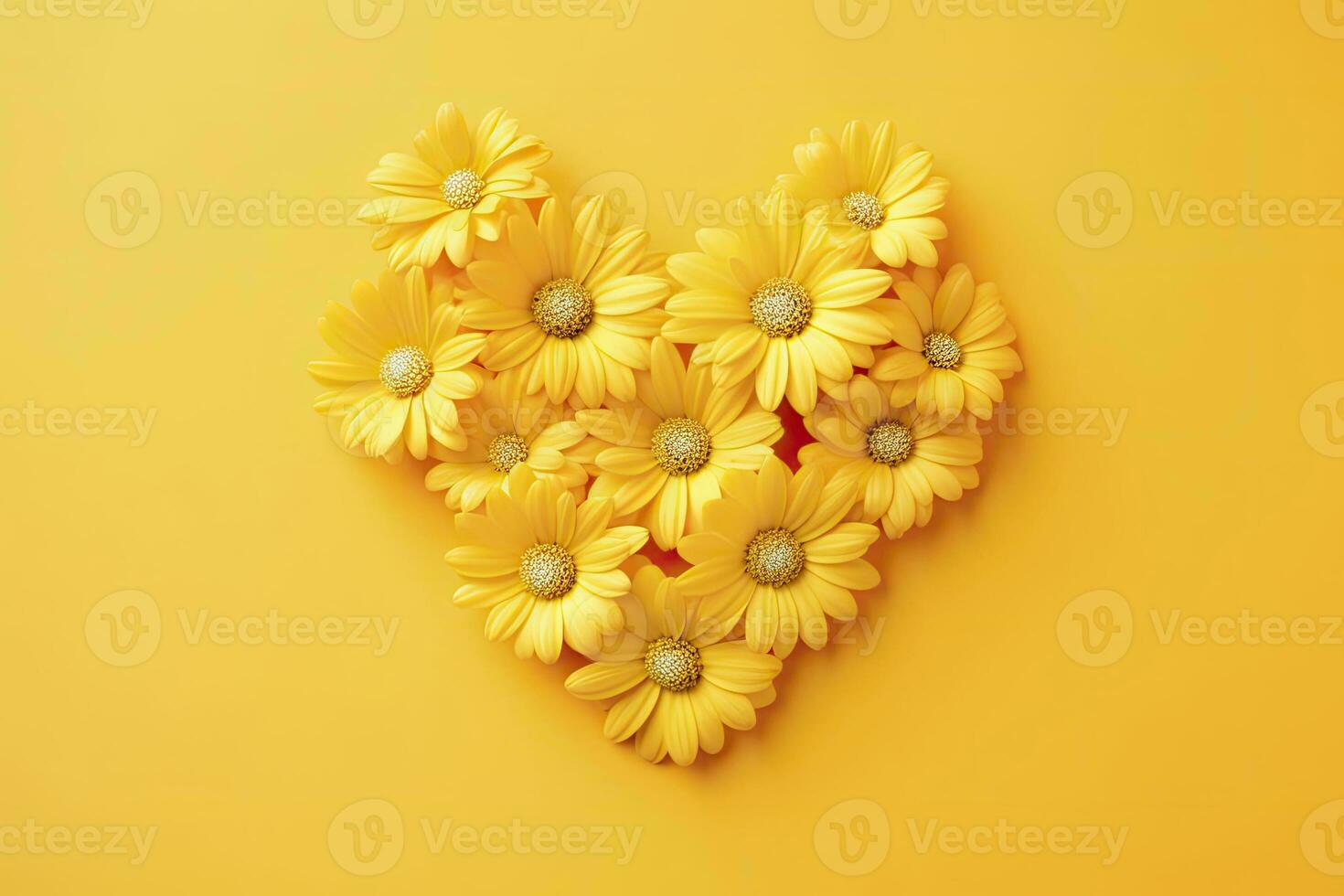 AI generated Yellow Heart Shaped By Yellow Daisies Over Yellow Background. AI Generated photo