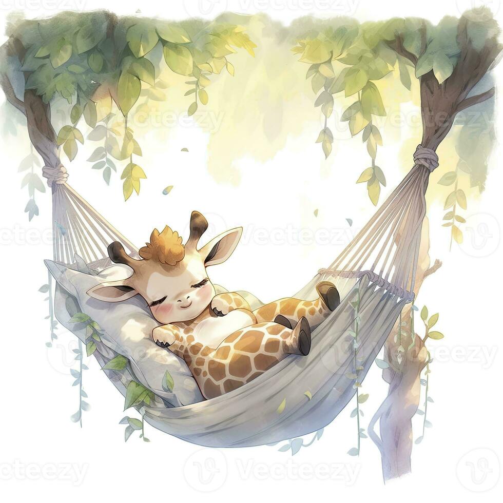 AI generated A sleepy baby giraffe in a hammock. watercolor illustration. AI Generated photo