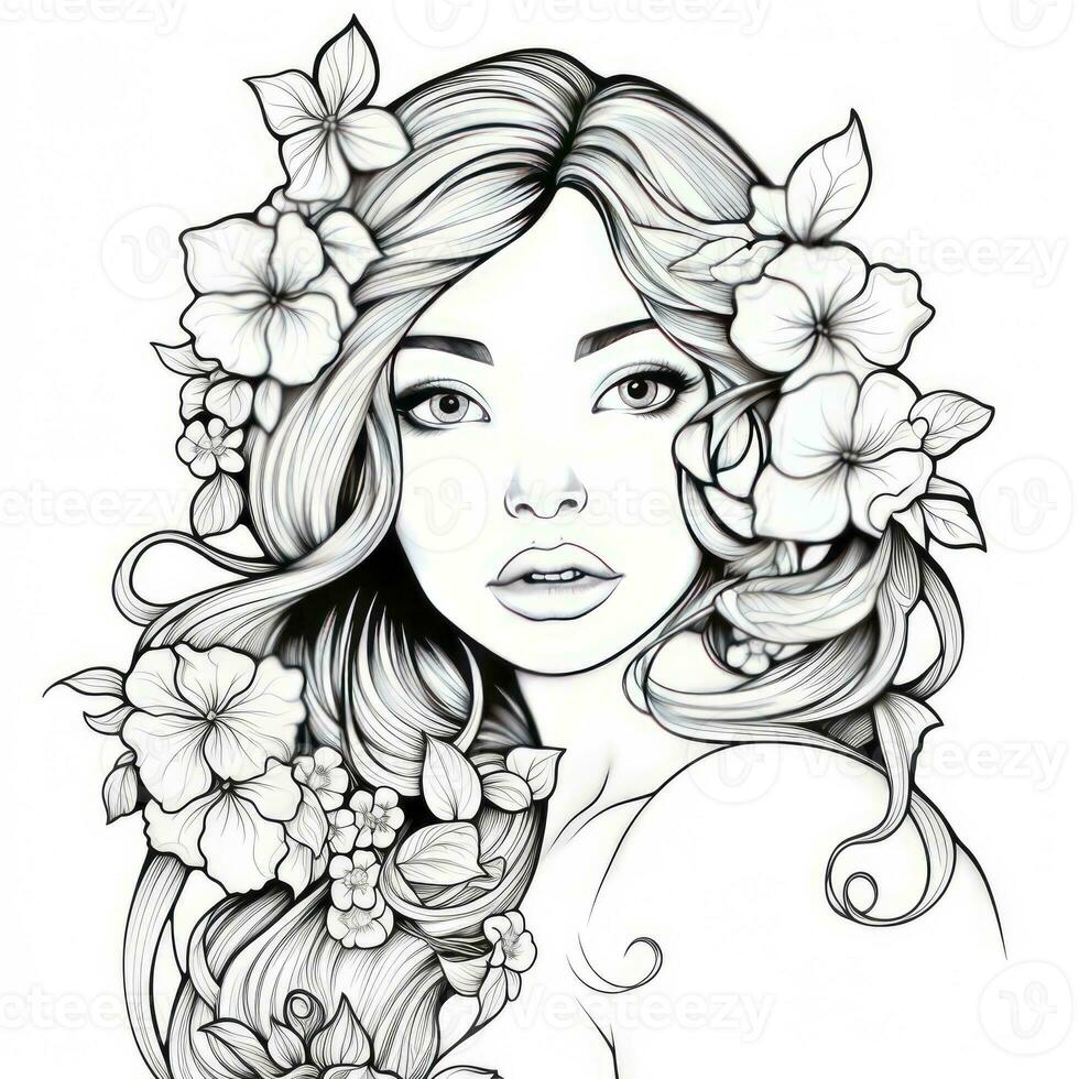 AI generated A girl on a coloring book page with Jasmine flowers. AI Generated photo