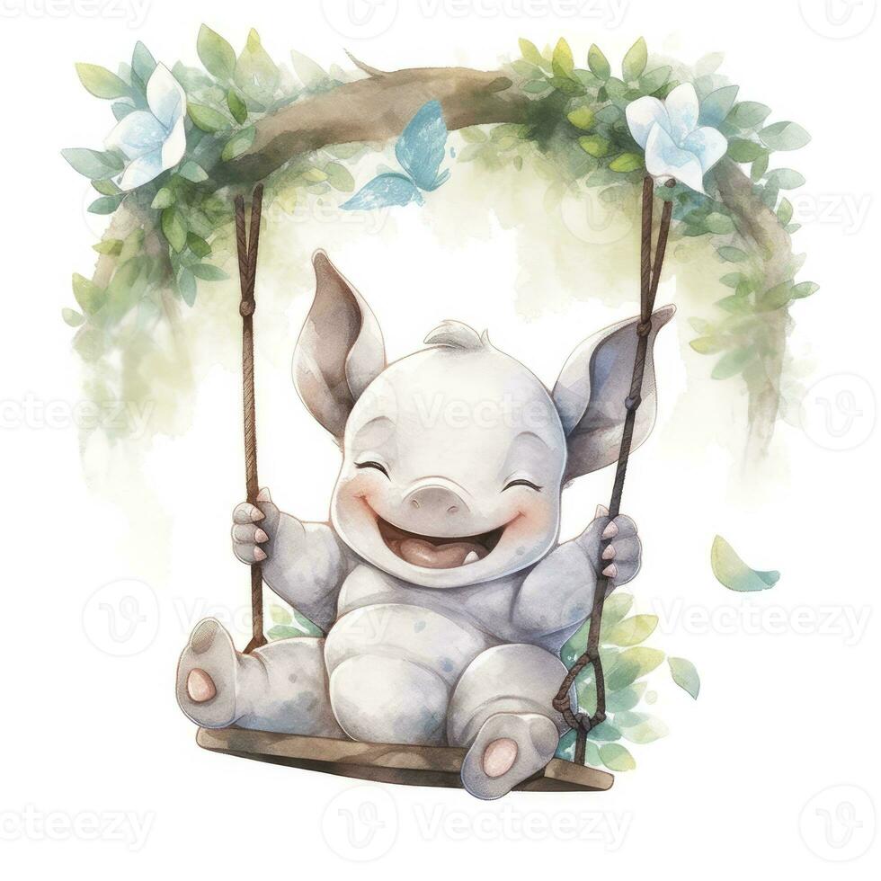 AI generated Cute happy baby rhino on swings in the tree in watercolor style. AI Generated photo