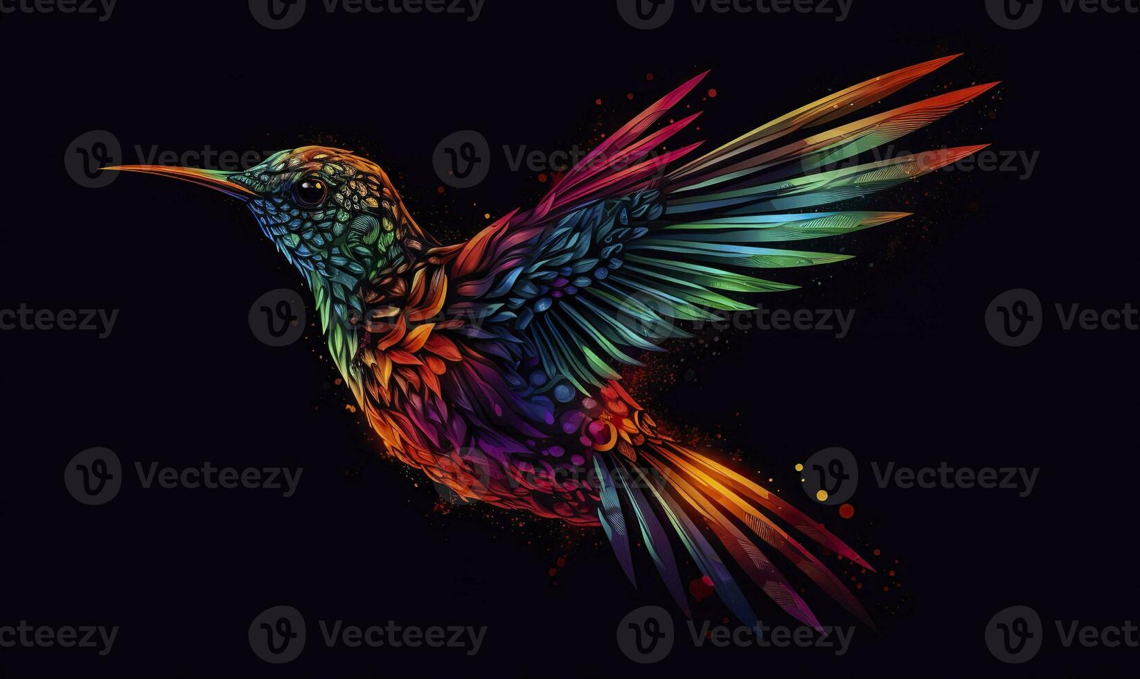 AI generated hummingbird logo with multiple colors flying through the air.  AI Generated photo
