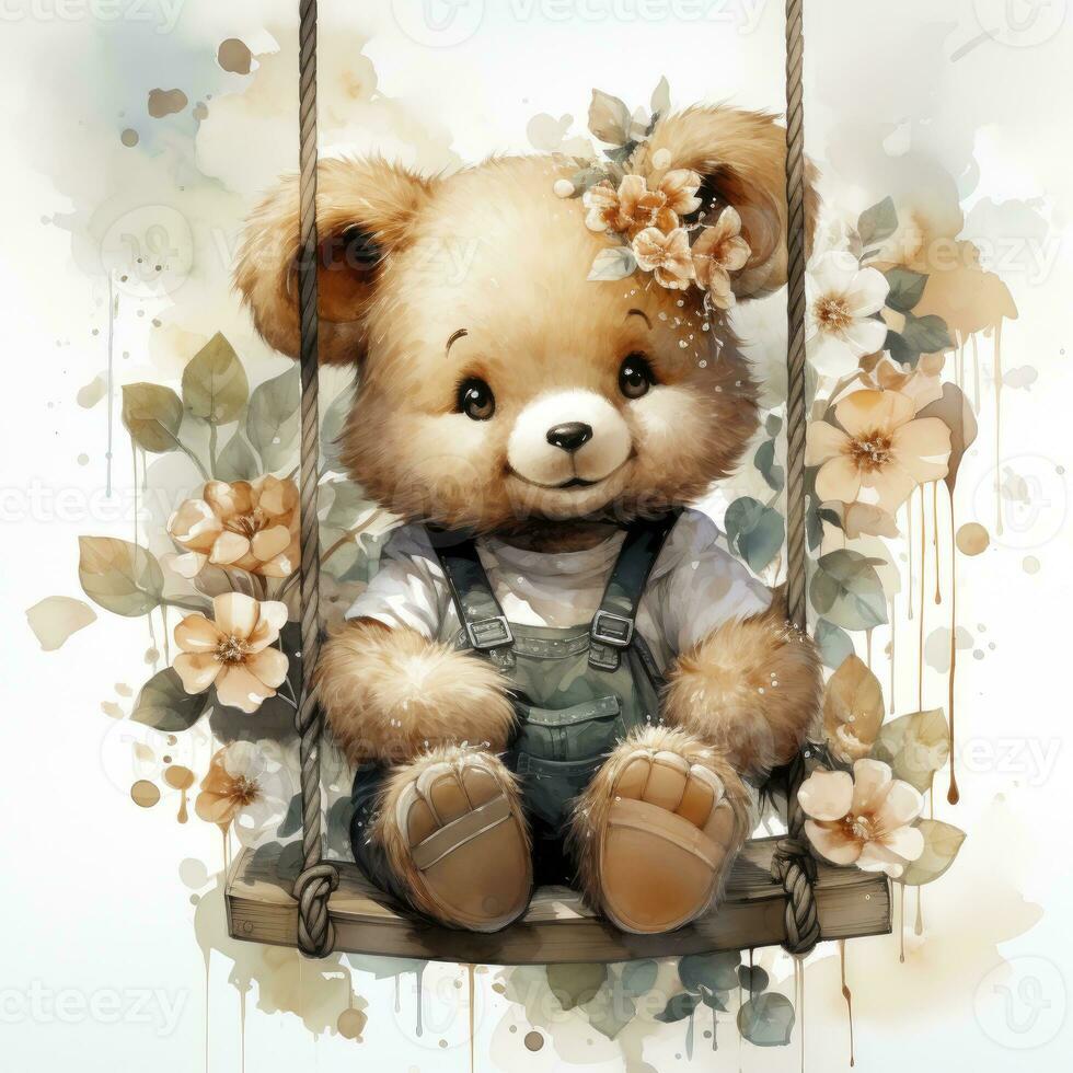 AI generated A cute happy teddy bear swings on a tree on a white background. AI Generated photo