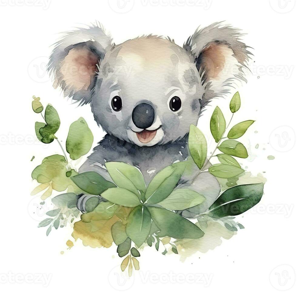 AI generated Happy cute koala in leaves in the watercolor style on the white background. AI Generated photo